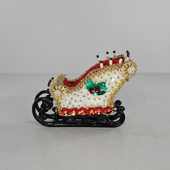 Vintage Push Pin Sled Sleigh Handmade Christmas Decor Holly Red White - Picture 4 of 7